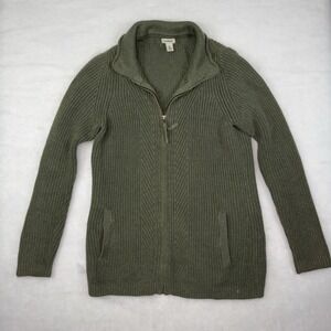 LL Bean Sweater Medium Green Cotton Full Zip Chunky Ribbed Heritage Knit